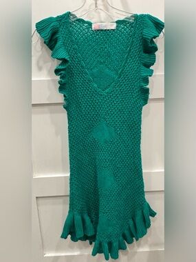 Free People Mykonos Kelly Green Open Knit Ruffle Midi Dress
